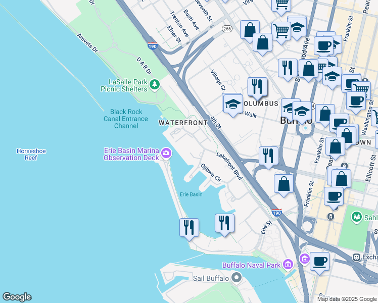 map of restaurants, bars, coffee shops, grocery stores, and more near 8 Marina Park South in Buffalo