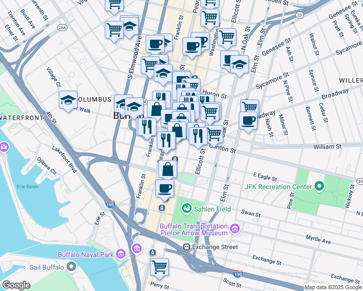 map of restaurants, bars, coffee shops, grocery stores, and more near 395 Main Street in Buffalo