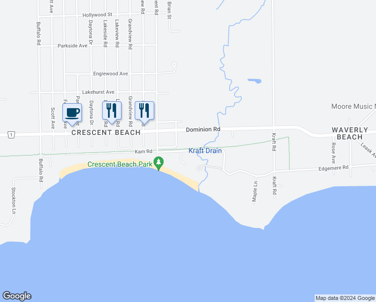 map of restaurants, bars, coffee shops, grocery stores, and more near 1130 Edgemere Lane in Fort Erie