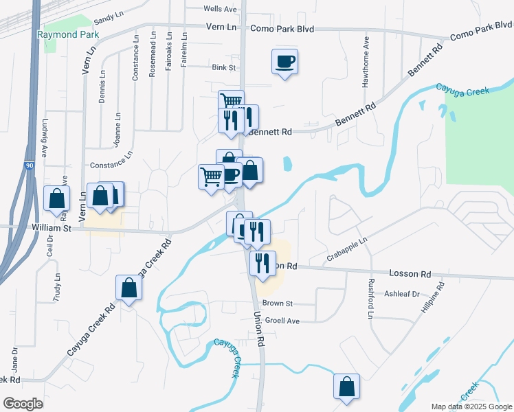 map of restaurants, bars, coffee shops, grocery stores, and more near 2669 Union Road in Cheektowaga