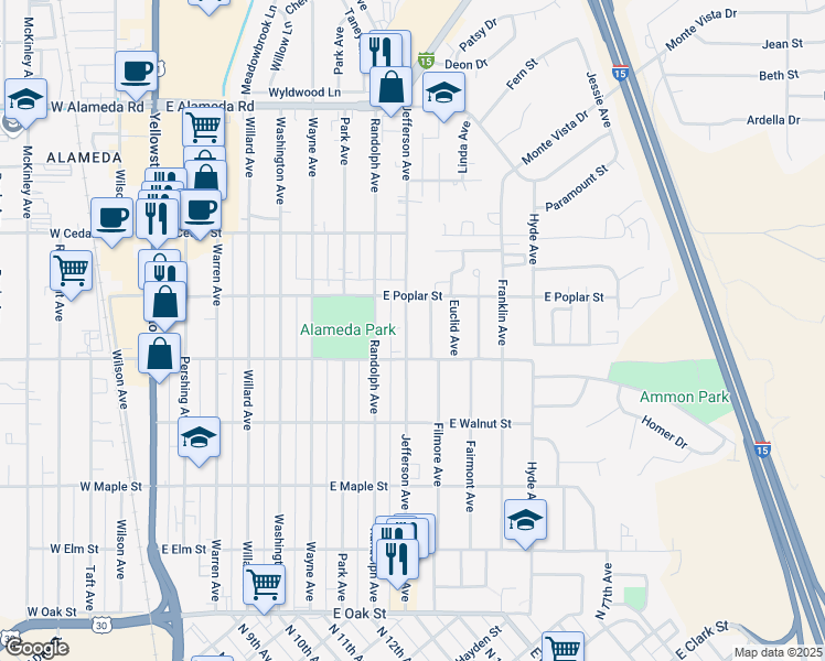 map of restaurants, bars, coffee shops, grocery stores, and more near 544 Jefferson Avenue in Pocatello