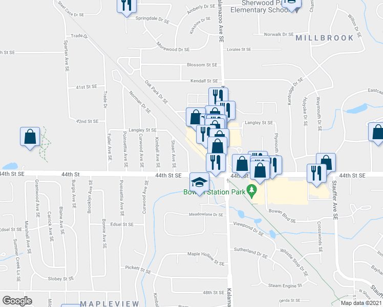 map of restaurants, bars, coffee shops, grocery stores, and more near 4312 Norman Drive Southeast in Grand Rapids