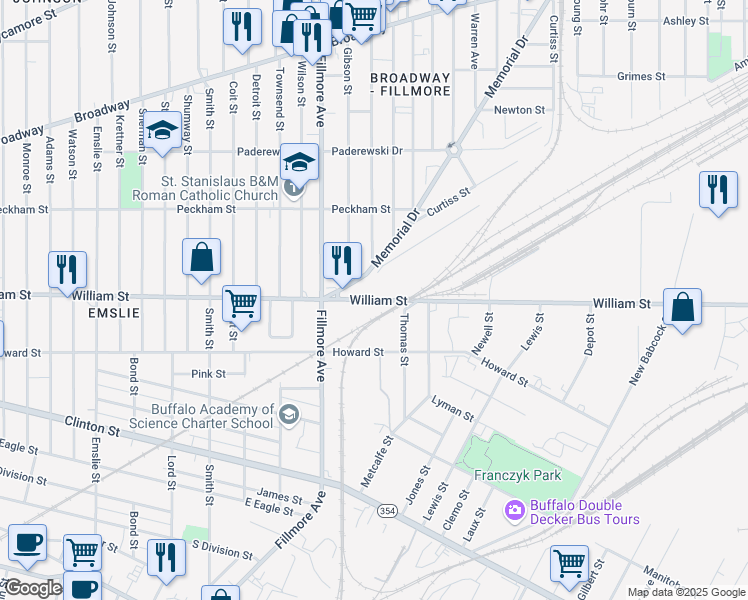 map of restaurants, bars, coffee shops, grocery stores, and more near 940 William Street in Buffalo