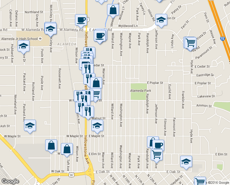 map of restaurants, bars, coffee shops, grocery stores, and more near 530 Willard Avenue in Pocatello