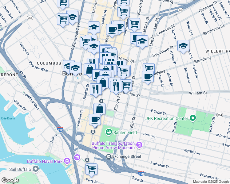 map of restaurants, bars, coffee shops, grocery stores, and more near 391 Washington Street in Buffalo