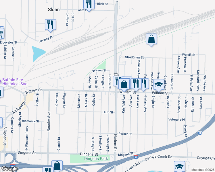 map of restaurants, bars, coffee shops, grocery stores, and more near 14 Gratton Street in Buffalo