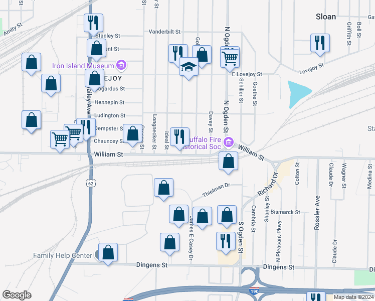 map of restaurants, bars, coffee shops, grocery stores, and more near 1764 William Street in Buffalo