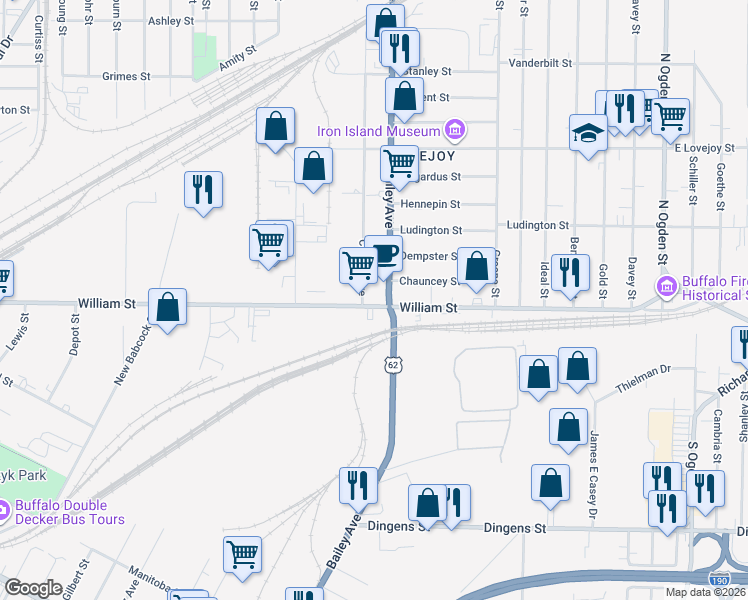 map of restaurants, bars, coffee shops, grocery stores, and more near in Buffalo