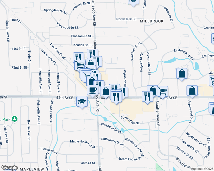 map of restaurants, bars, coffee shops, grocery stores, and more near 4320 Kalamazoo Avenue Southeast in Grand Rapids
