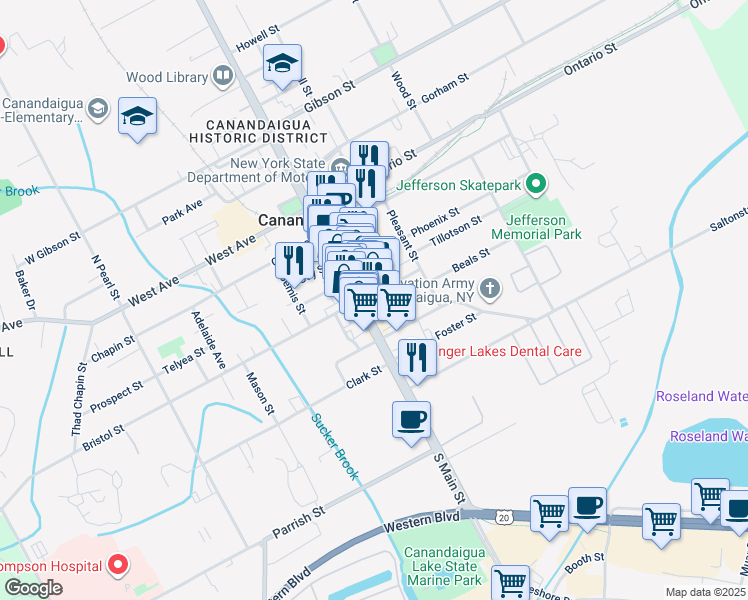 map of restaurants, bars, coffee shops, grocery stores, and more near 195 South Main Street in Canandaigua