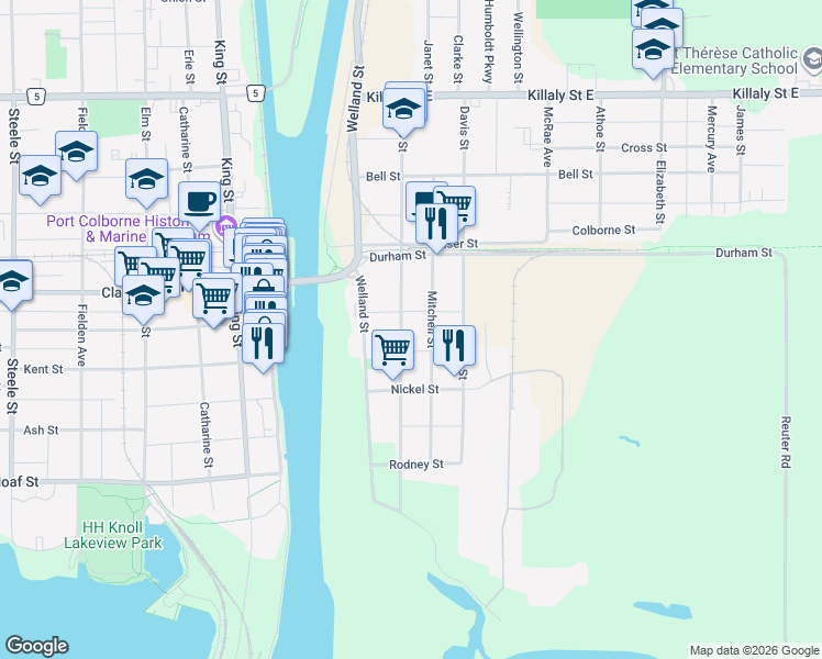 map of restaurants, bars, coffee shops, grocery stores, and more near 235 Fares Street in Port Colborne