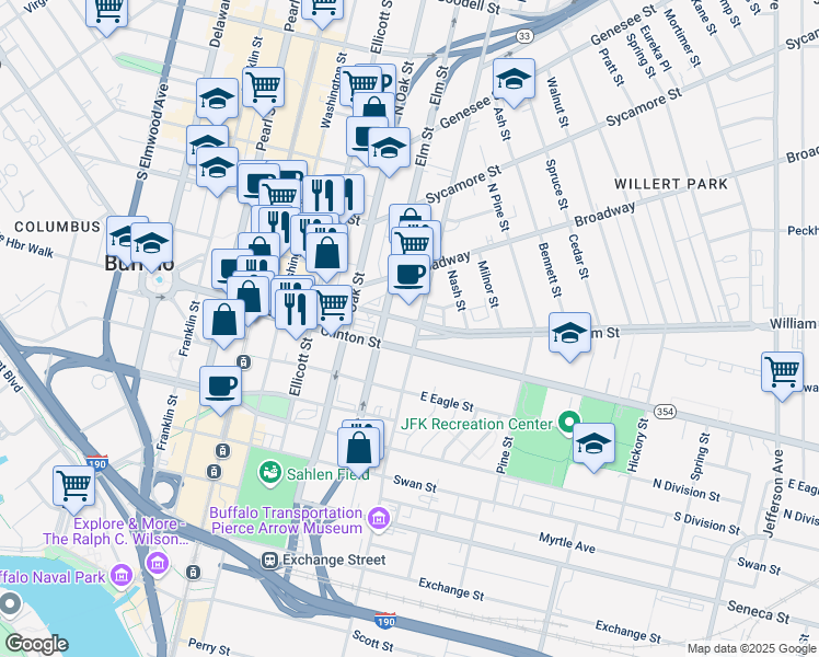 map of restaurants, bars, coffee shops, grocery stores, and more near 460 Michigan Avenue in Buffalo