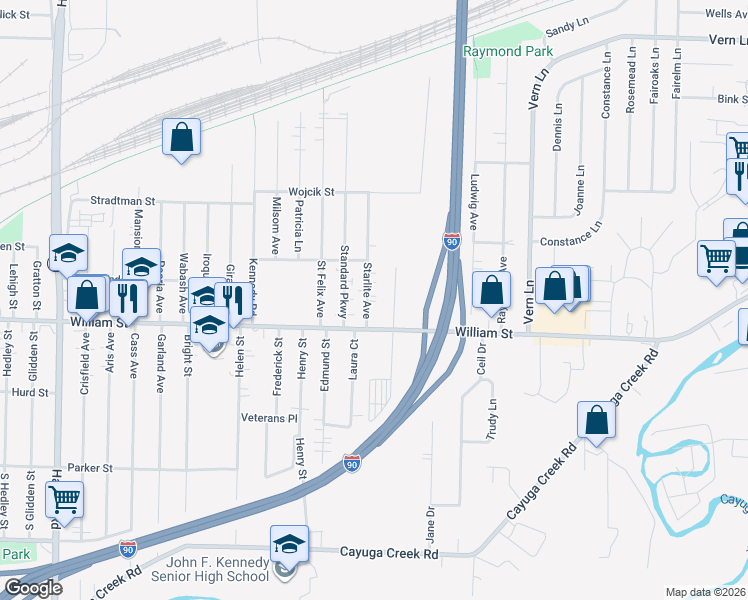 map of restaurants, bars, coffee shops, grocery stores, and more near 27 Starlite Avenue in Buffalo