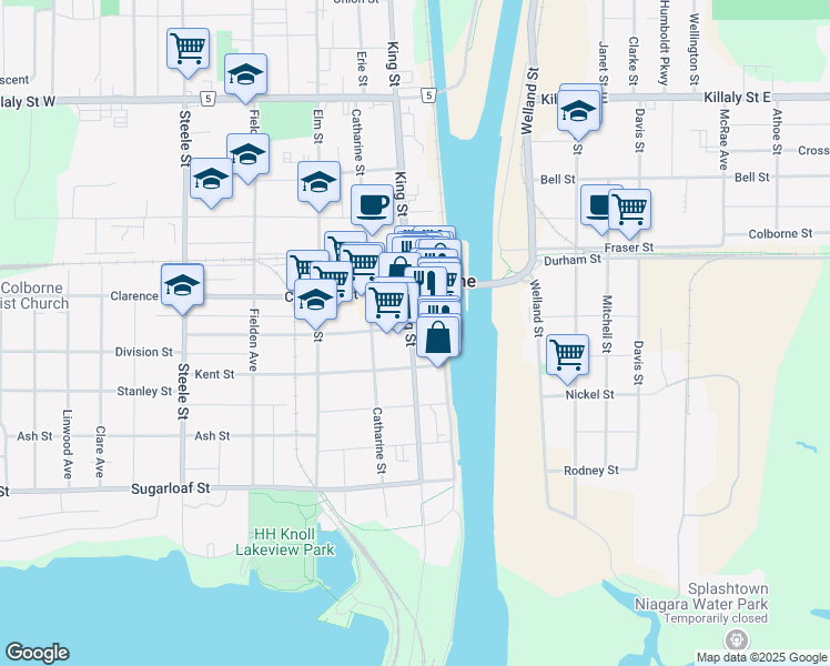 map of restaurants, bars, coffee shops, grocery stores, and more near 32 Charlotte Street in Port Colborne