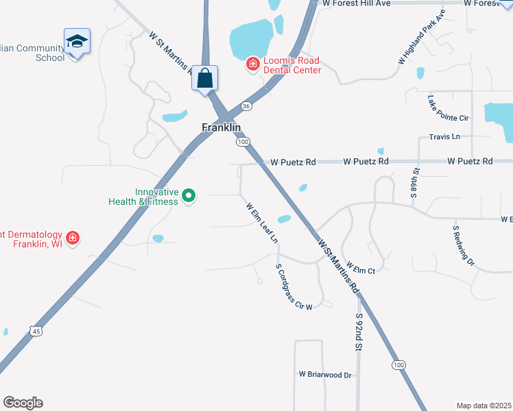 map of restaurants, bars, coffee shops, grocery stores, and more near 9830 West Elm Leaf Lane in Franklin