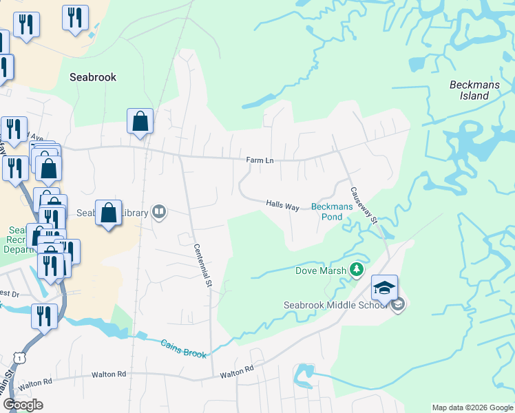 map of restaurants, bars, coffee shops, grocery stores, and more near 12 Halls Way in Seabrook