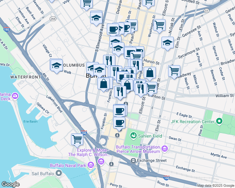 map of restaurants, bars, coffee shops, grocery stores, and more near 200 Pearl Street in Buffalo