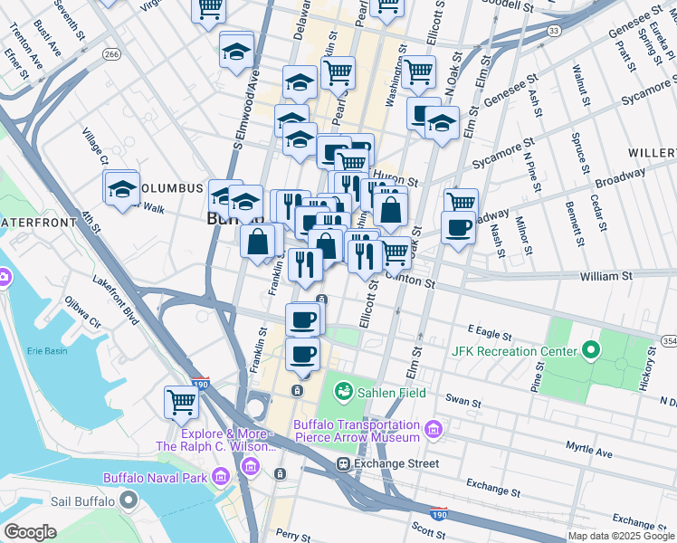 map of restaurants, bars, coffee shops, grocery stores, and more near 395 Main Street in Buffalo