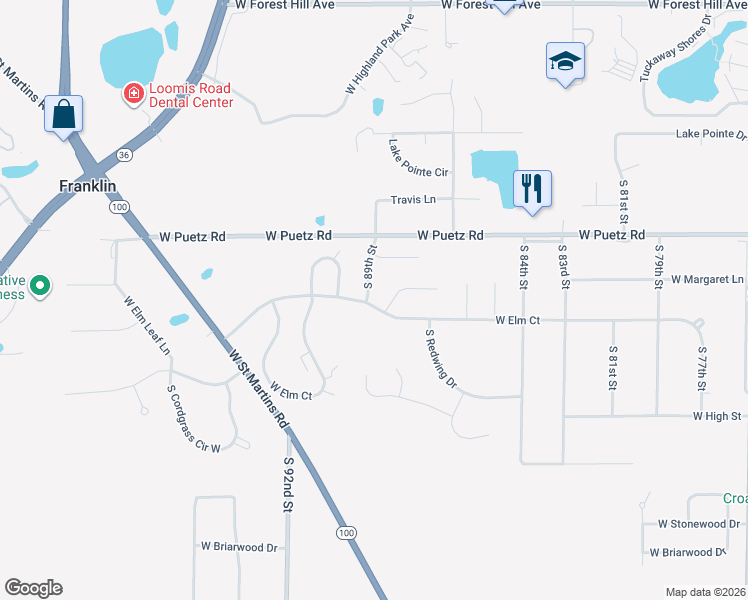 map of restaurants, bars, coffee shops, grocery stores, and more near 8830 W Elm Ct in Franklin