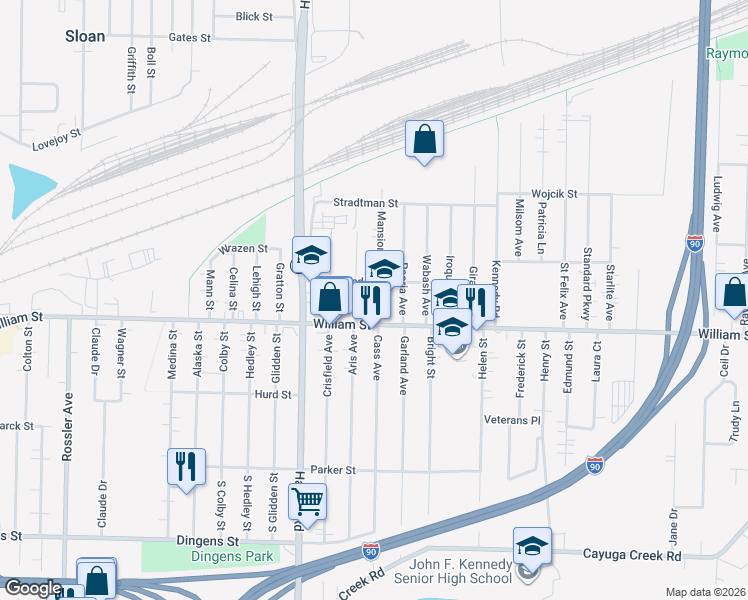 map of restaurants, bars, coffee shops, grocery stores, and more near 26 Mansion Avenue in Cheektowaga