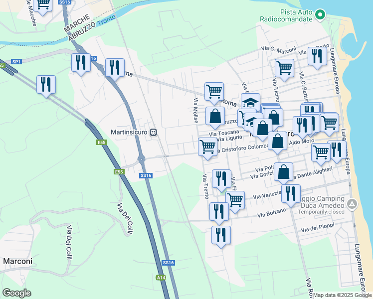 map of restaurants, bars, coffee shops, grocery stores, and more near 152A Via Cristoforo Colombo in Martinsicuro