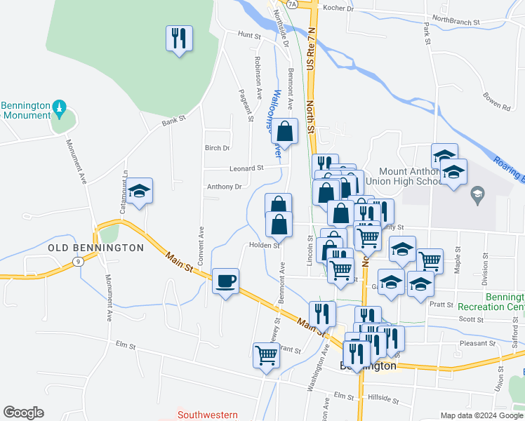 map of restaurants, bars, coffee shops, grocery stores, and more near 160 Benmont Avenue in Bennington