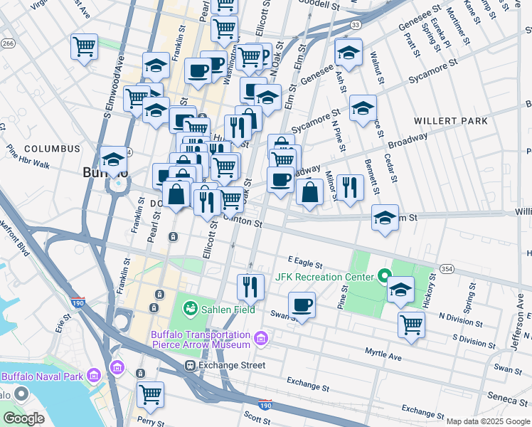 map of restaurants, bars, coffee shops, grocery stores, and more near 460 Michigan Avenue in Buffalo