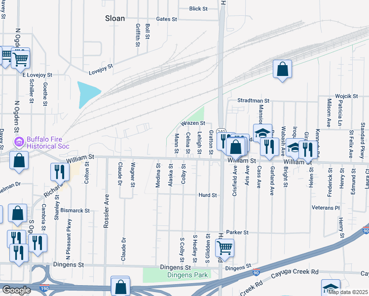 map of restaurants, bars, coffee shops, grocery stores, and more near 17 Celina Street in Buffalo