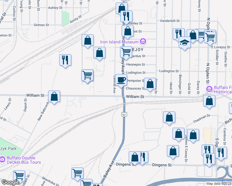 map of restaurants, bars, coffee shops, grocery stores, and more near in Buffalo