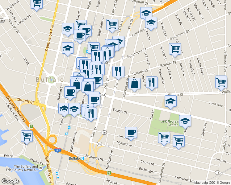 map of restaurants, bars, coffee shops, grocery stores, and more near 460 Michigan Avenue in Buffalo