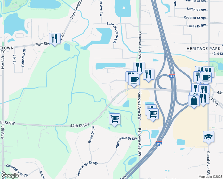 map of restaurants, bars, coffee shops, grocery stores, and more near 185 44th Street Southwest in Grandville