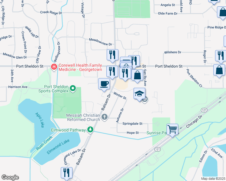 map of restaurants, bars, coffee shops, grocery stores, and more near 6374 Balsam Drive in Hudsonville
