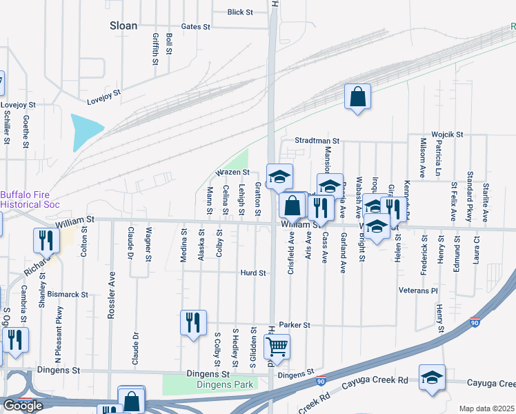 map of restaurants, bars, coffee shops, grocery stores, and more near 14 Gratton Street in Buffalo