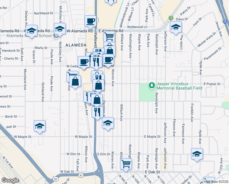 map of restaurants, bars, coffee shops, grocery stores, and more near 552 Warren Avenue in Pocatello