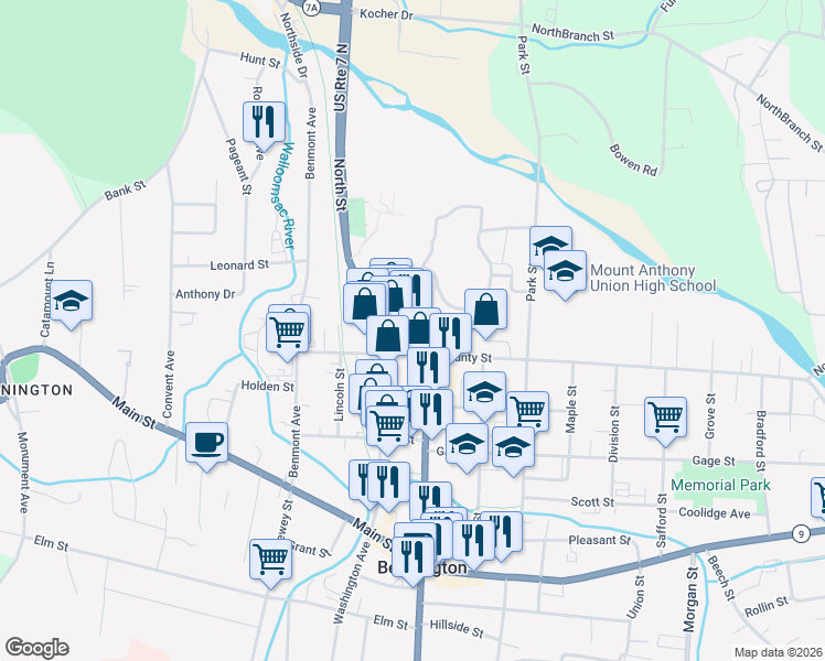 map of restaurants, bars, coffee shops, grocery stores, and more near 310 North Bennington Road in Bennington