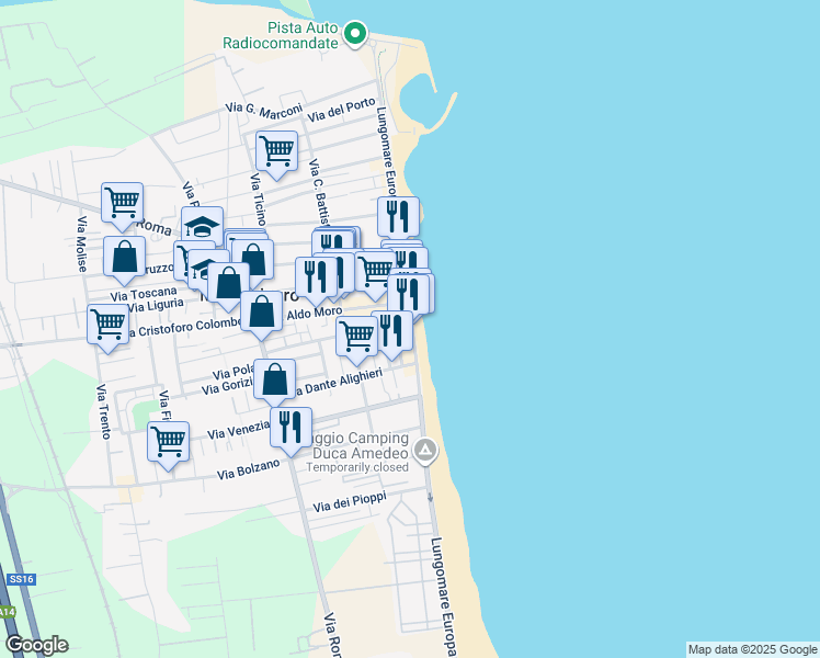 map of restaurants, bars, coffee shops, grocery stores, and more near 76 Lungomare Europa in Martinsicuro
