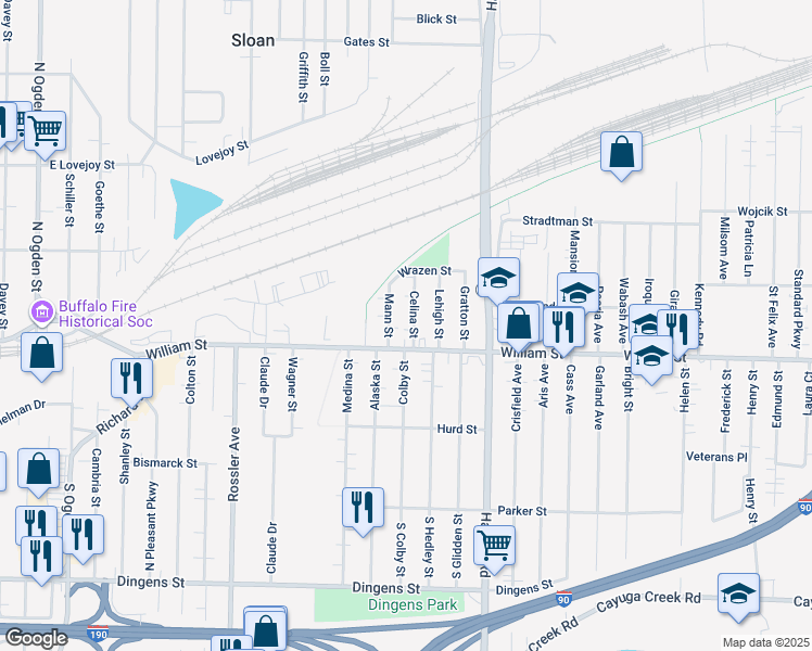 map of restaurants, bars, coffee shops, grocery stores, and more near 17 Celina Street in Buffalo