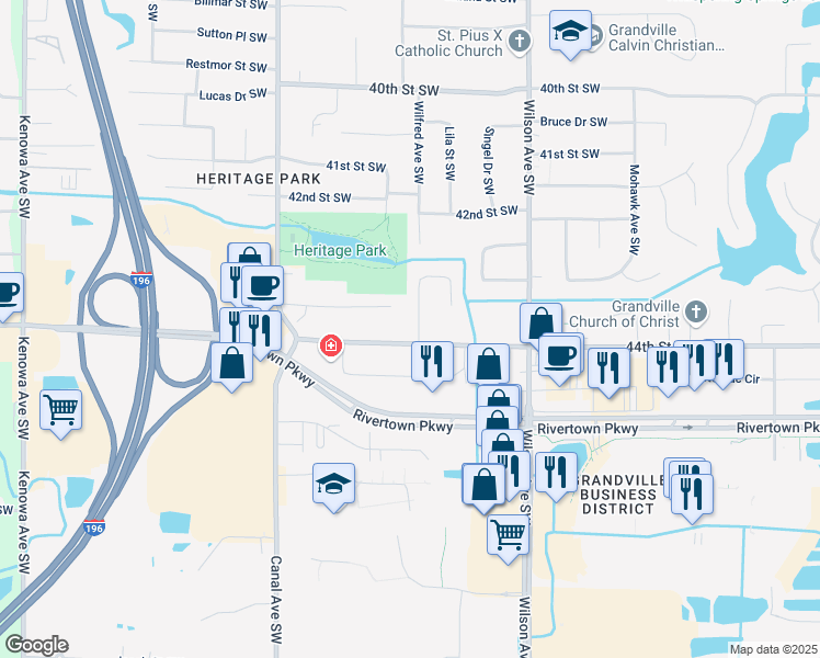map of restaurants, bars, coffee shops, grocery stores, and more near 4395 Wilfred Avenue Southwest in Grandville