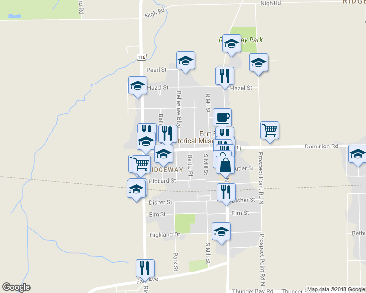 map of restaurants, bars, coffee shops, grocery stores, and more near 3780 Dominion Road in Fort Erie