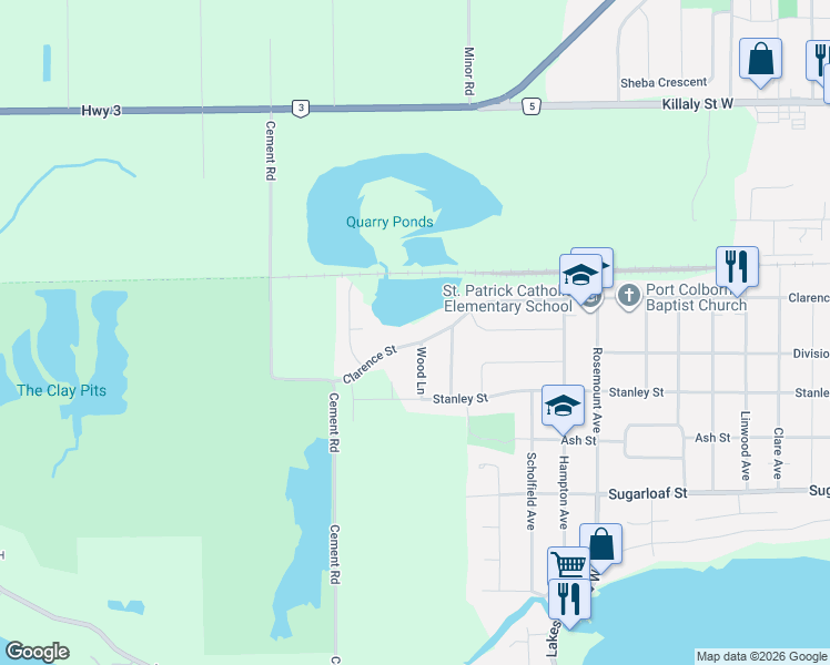 map of restaurants, bars, coffee shops, grocery stores, and more near 705 Clarence Street in Port Colborne