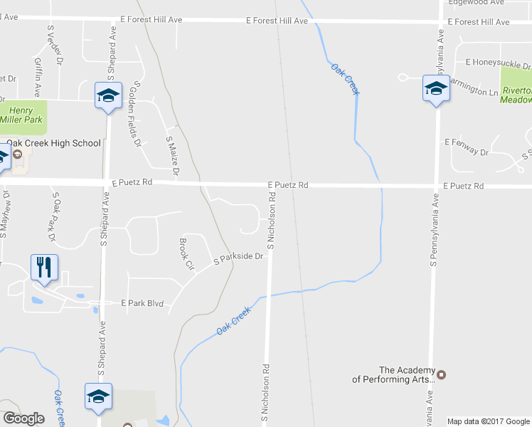 map of restaurants, bars, coffee shops, grocery stores, and more near 1522 Falcon Glen in Oak Creek