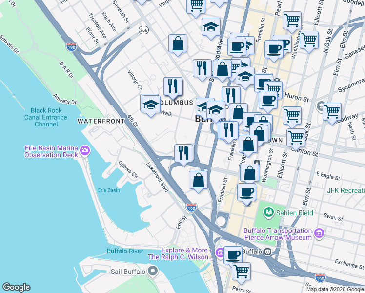 map of restaurants, bars, coffee shops, grocery stores, and more near 220 West Genesee Street in Buffalo