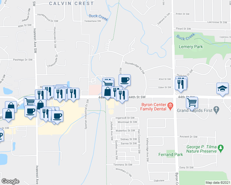 map of restaurants, bars, coffee shops, grocery stores, and more near 2757 44th Street Southwest in Wyoming