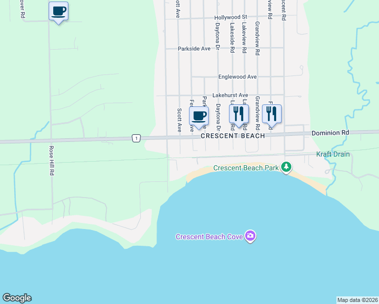map of restaurants, bars, coffee shops, grocery stores, and more near in Fort Erie