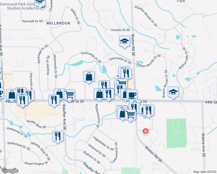 map of restaurants, bars, coffee shops, grocery stores, and more near 2350 43rd Street Southeast in Grand Rapids