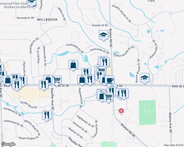 map of restaurants, bars, coffee shops, grocery stores, and more near 2350 43rd Street Southeast in Grand Rapids