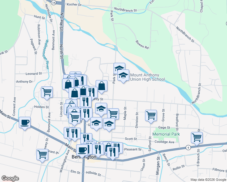 map of restaurants, bars, coffee shops, grocery stores, and more near 321 Park Street in Bennington