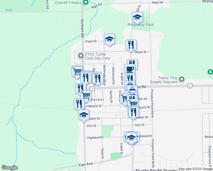 map of restaurants, bars, coffee shops, grocery stores, and more near 3780 Dominion Road in Fort Erie