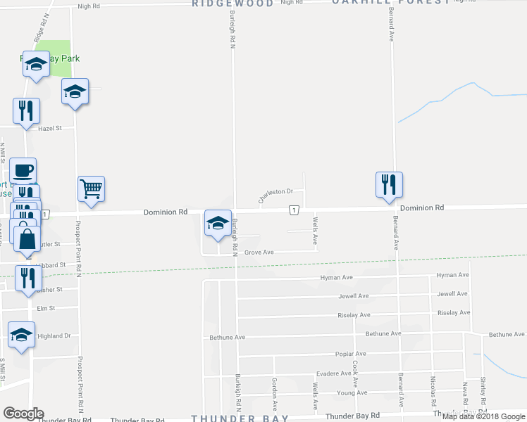 map of restaurants, bars, coffee shops, grocery stores, and more near 3303 Dominion Road in Fort Erie