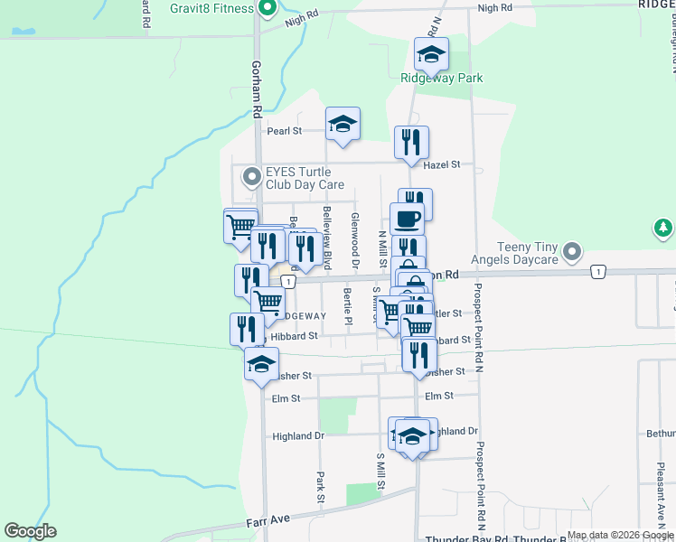 map of restaurants, bars, coffee shops, grocery stores, and more near 3780 Dominion Road in Fort Erie